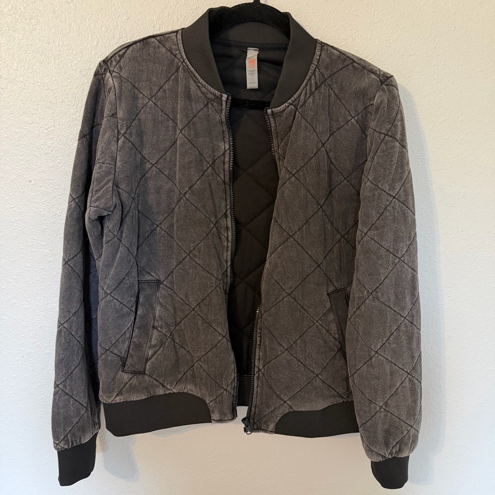 Mono B Quilted Bomber Jacket Charcoal Gray Zip Up Size Small
